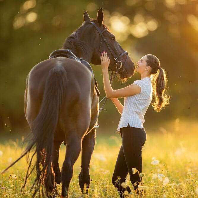 Young,Woman,With,Her,Horse,In,Evening,Sunset,Light.,Outdoor